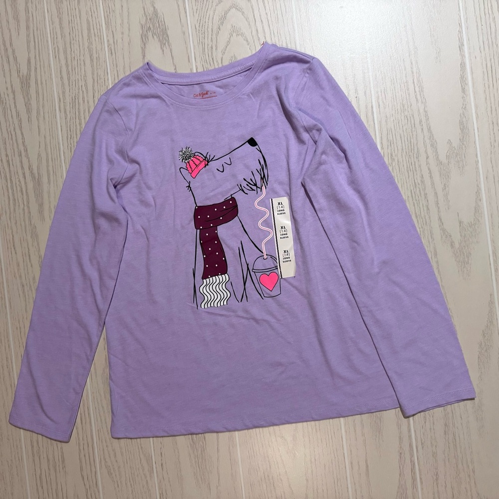 Cat‎ & Jack Girls Size XL 14 Purple Winter Dog Graphic Long Sleeve Tee NEW